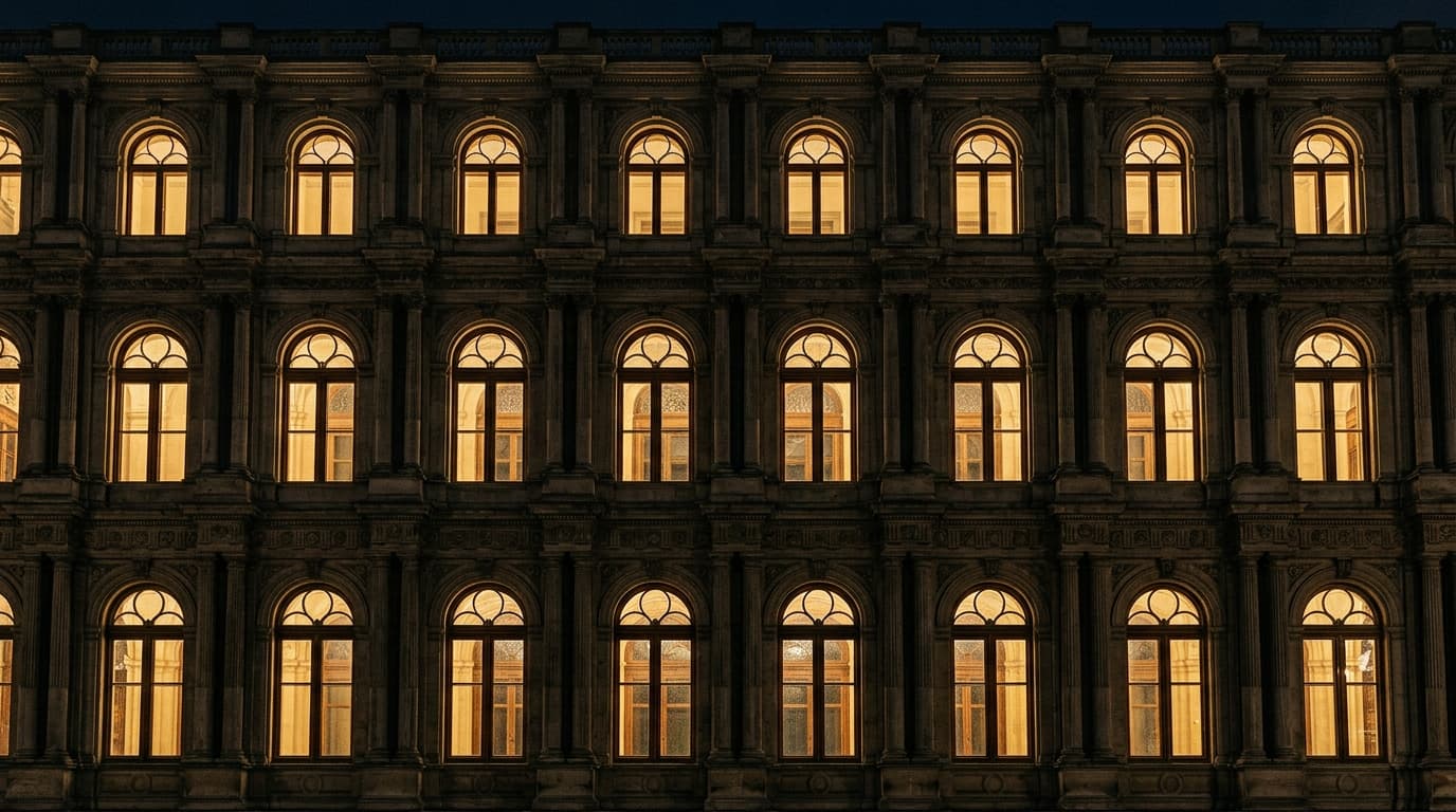 Reihen warm erleuchteter Fenster einer klassizistischen Fassade bei Nacht
