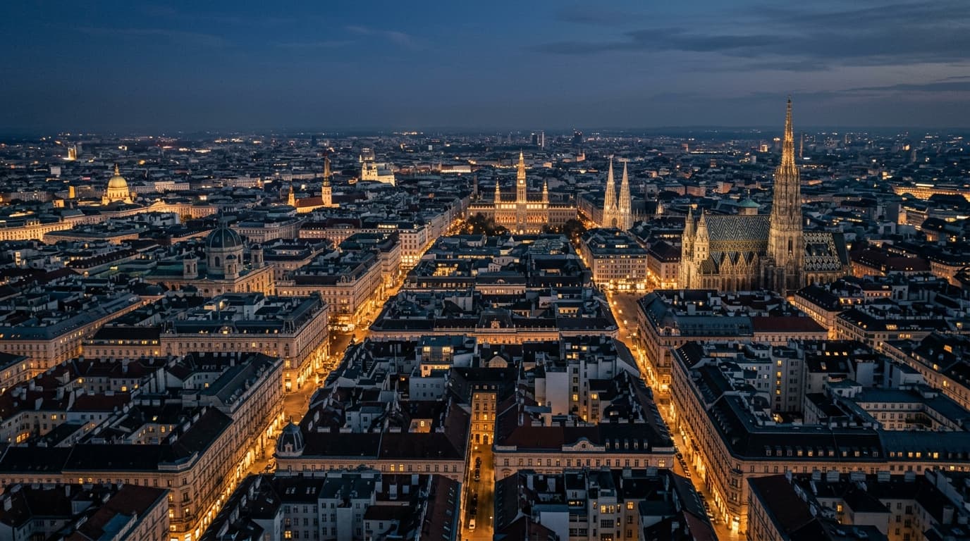 Europäische Stadtsilhouette zur blauen Stunde mit tausenden erleuchteten Fenstern