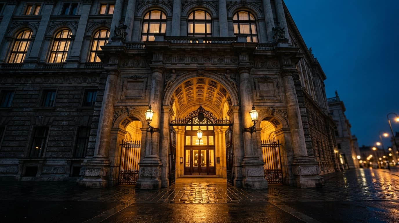 Beleuchtetes Steinportal einer Wiener Ringstraßen-Immobilie zur blauen Stunde