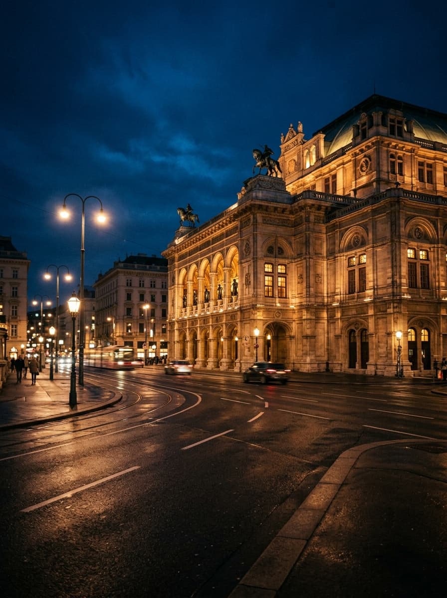Die Wiener Staatsoper am Opernring bei Nacht